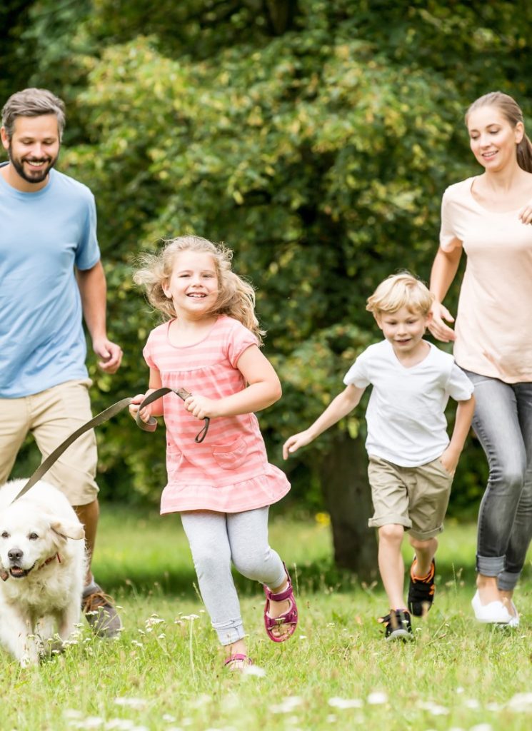 Two parents, two young children and a dog running through a field lined with trees in the summer time